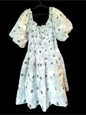 Anthropologie Arose Studio Smocked Puff Sleeve Mini Dress Blue Floral White NWT